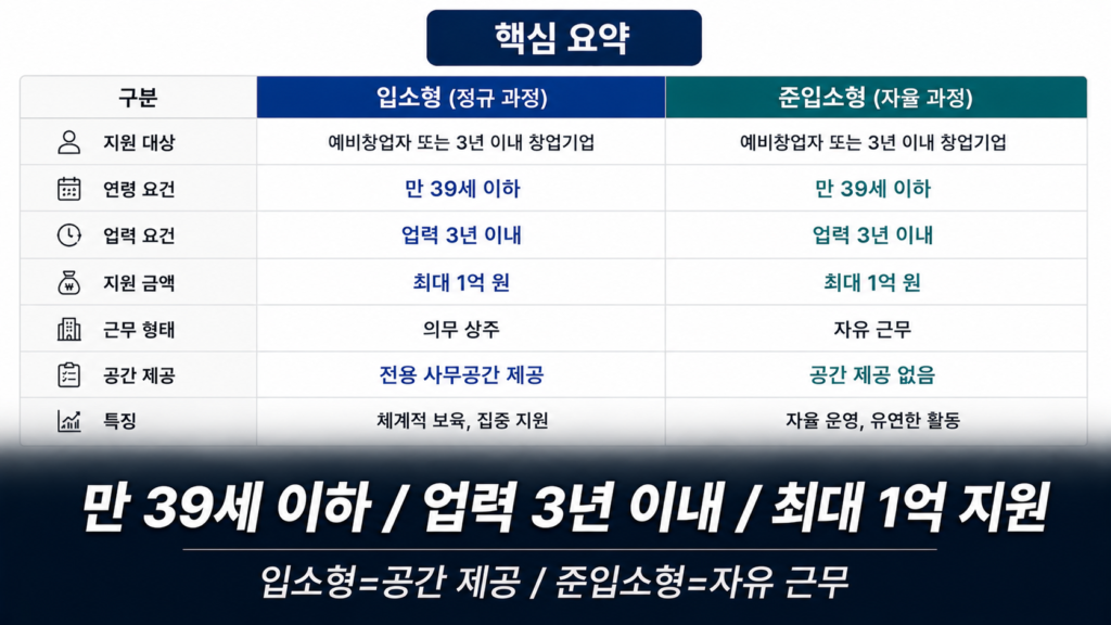 청년창업사관학교 핵심 요약표 나이 업력 지원금 입소형 비교